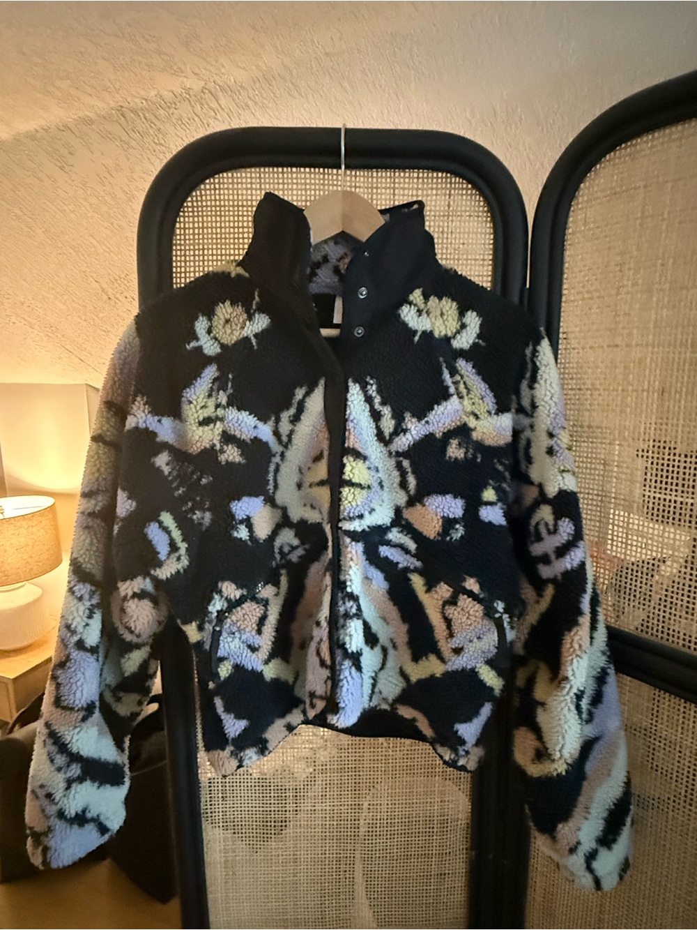 Free People Black Floral Teddy Jacket with Pastel Accents